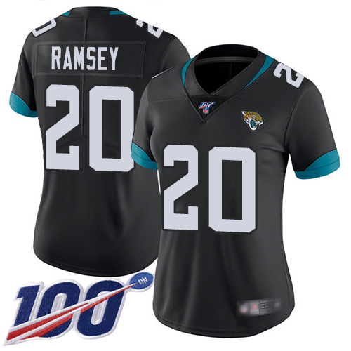 Nike Jacksonville Jaguars #20 Jalen Ramsey Black Team Color Women Stitched NFL 100th Season Vapor Limited Jersey->women nfl jersey->Women Jersey
